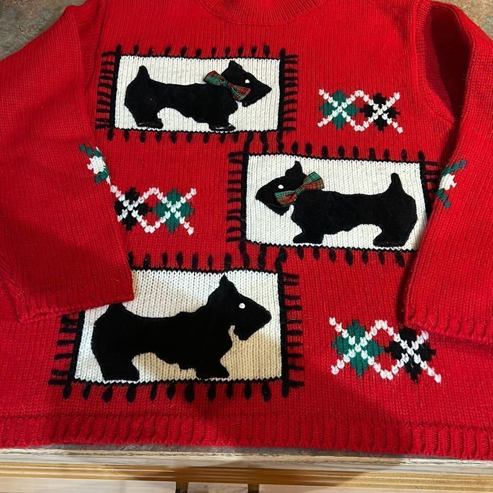 Karen Scott Vintage Ugly Christmas Sweater with Scottie Dogs Lg Petite